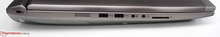 Left side: Kensington lock, 2x USB 3.0 Type-A, microphone, headset, card reader