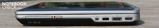 Sağ: ExpressCard54, WLAN kaydıracı, DVD sürücü, FireWire, USB 2.0, eSATA, HDMI