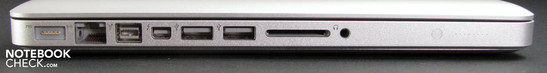 Sol: MagSafe Power, LAN, FW800, Thunderbolt/DP, 2x USB 2.0, kart okuyucu, mikrofon ve kulaklık kombosu