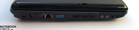 Sol taraf: Kensington kilidi, Docking Port, LAN, VGA, HDMI, 2x USB, ses çıkışları, ExpressCard