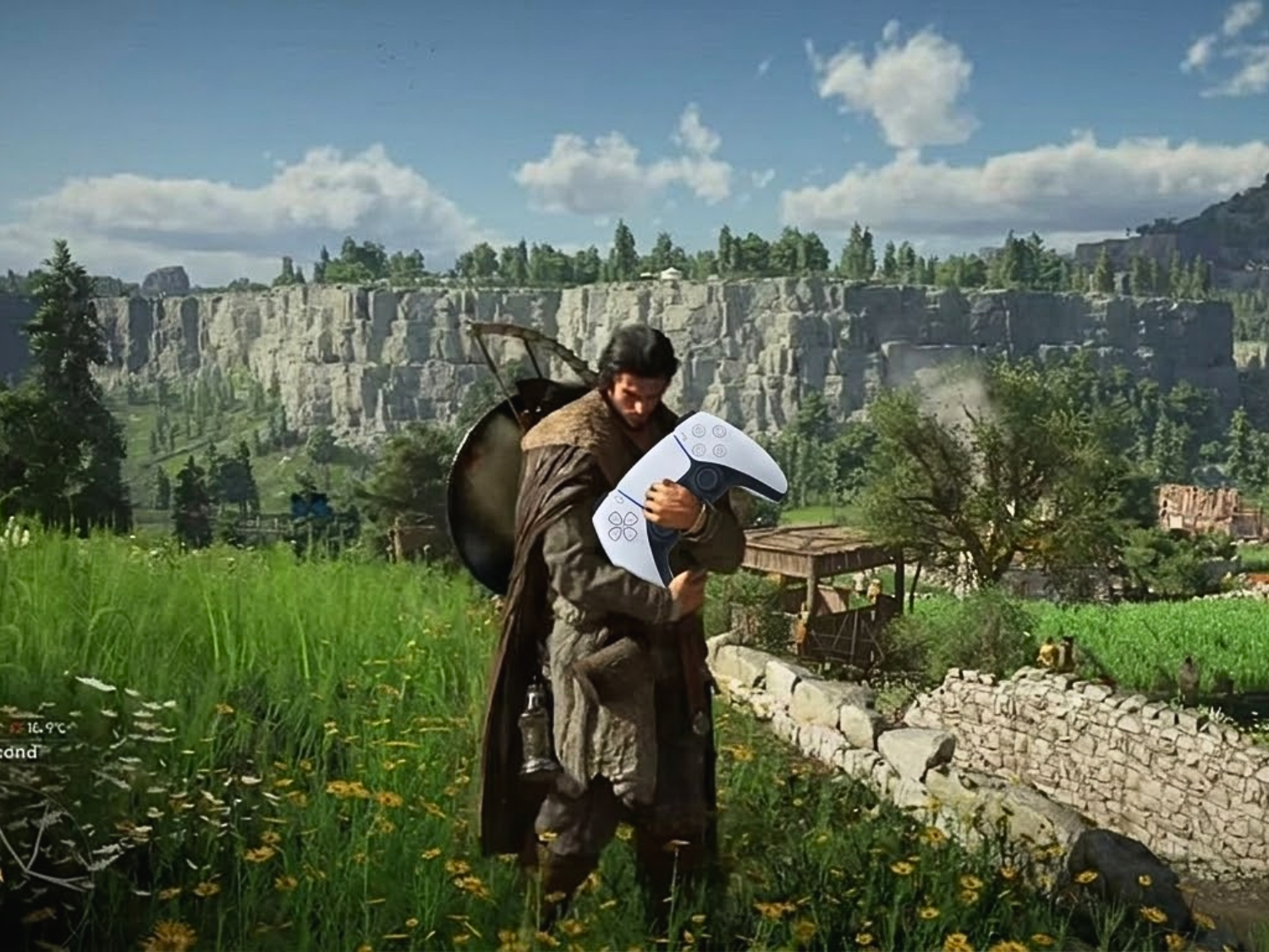 Kliff'in Sony dualsense kontrol cihazını tuttuğu, yapay zeka tarafından düzenlenmiş bir görüntü.