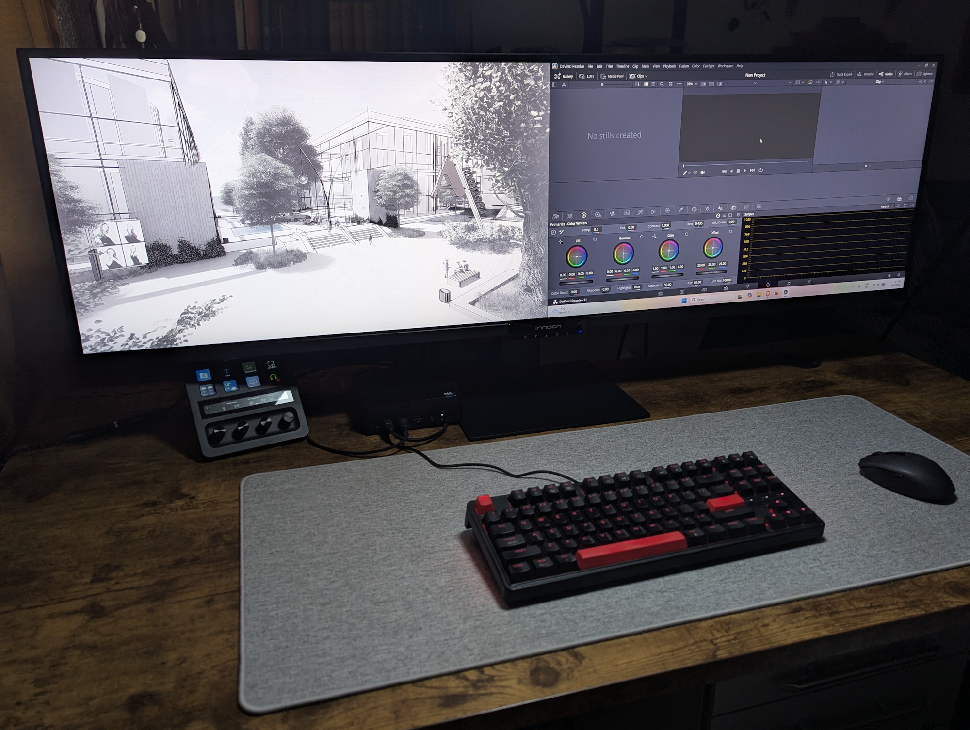 Innocn E49M1R'de sol tarafta teknik bir çizim, sağ tarafta ise DaVinci Resolve görüntülenmektedir.