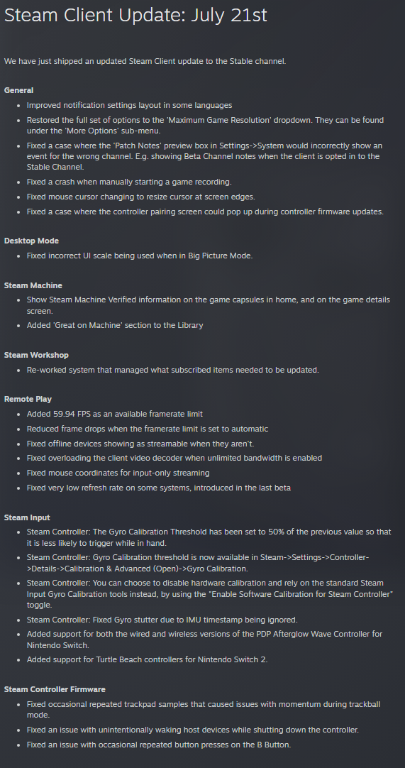 Resmi Steam güncelleme yama notları.