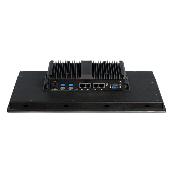 APPC160 C21-01'in fansız soğutucu ve dörtlü LAN, USB ve DB-9 seri bağlantı noktasına sahip arka tarafı.