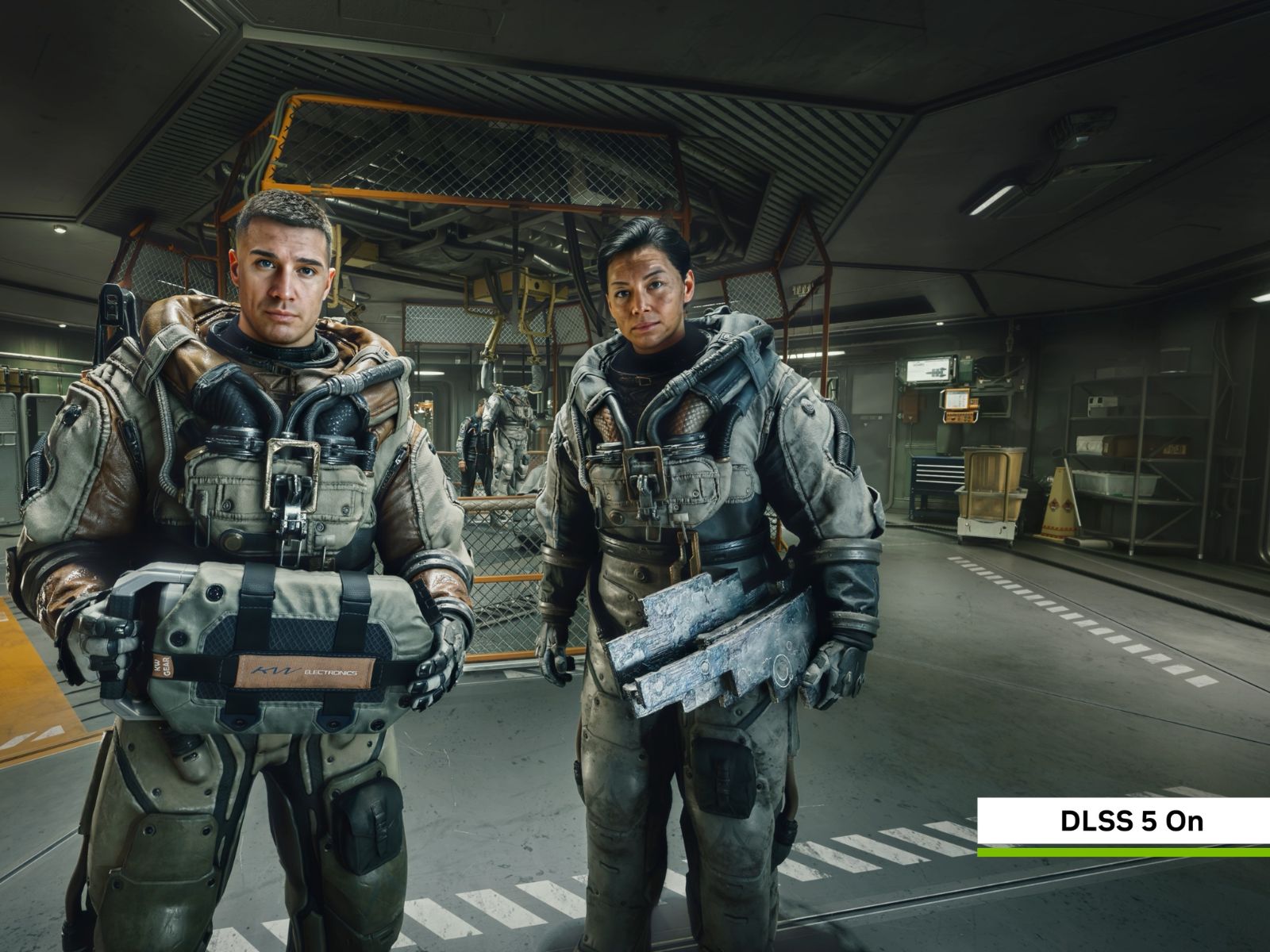 Nvidia DLSS 5'in etkinleştirildiği fütüristik bir tesiste iki Starfield karakteri