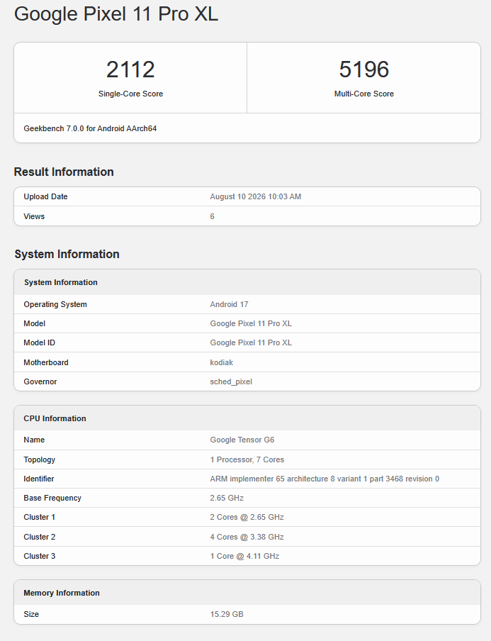 Google Tensor G6 Geekbench listesi