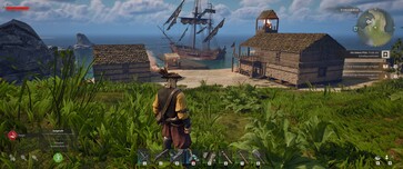 Resimde görülüyor: Windrose'da bir üs. Korsan gemisi demir atmış.