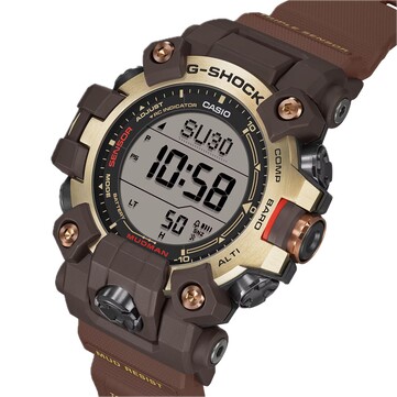 G-Shock Mudman GW-9500MH-5 modelinin, çift katmanlı LCD ekranını ve açık sarı ile kahverengi renk şemasını gösteren açılı görünümü.