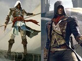 Assassin's Creed Black Flag'den Edward Kenway ve Assassin's Creed Unity'den Arno Dorian yan yana gösterilmiştir.