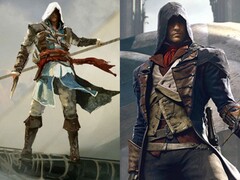 Assassin's Creed Black Flag'den Edward Kenway ve Assassin's Creed Unity'den Arno Dorian yan yana gösterilmiştir.