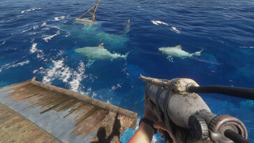 Stranded Deep'teki köpekbalıklarını gösteren bir görüntü.