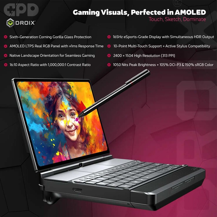 GPD Win Max 3 oyun el konsolu, 165 Hz yenileme hızına sahip 9,06 inçlik bir AMOLED ekrana sahiptir.
