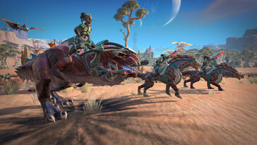 Age of Wonders: Planetfall oyununda Amazonlar ve dinozorları gösteren bir görsel.