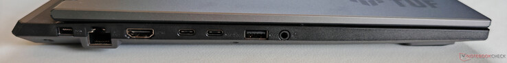 Sol: Güç kaynağı ünitesi, Gigabit Ethernet, HDMI 2.1 FRL, USB-C 3.2 Gen2 (10 Gbps, DisplayPort 2.1-out), USB-C 3.2 Gen.2 (10 Gbps, DisplayPort 2.1-out, G-Sync, Power Delivery 3.0), USB-A 3.2 Gen2 (10 Gbps), 3,5 mm ses jakı