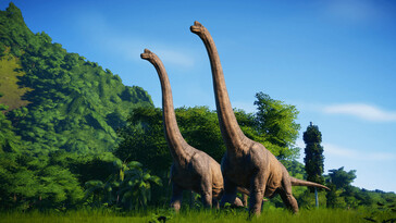 Jurassic World Evolution'da iki Brachiosaurus'u gösteren bir görüntü.