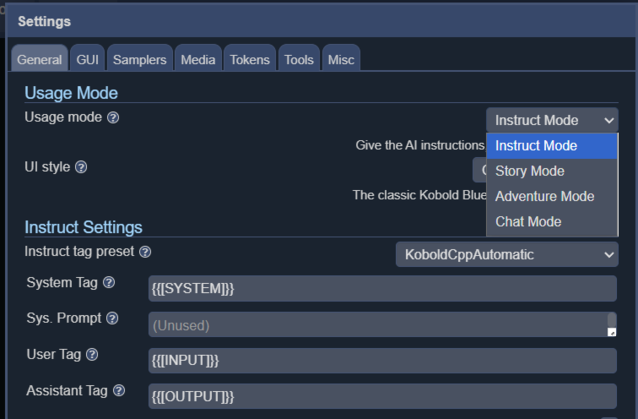 Instruct, LLM talimatlarını vermek için kullanılır, chat bir chatbot'a benzer, story roman tarzı yazılar için iyidir ve adventure ise RPG tarzı interaktif kurgu için en iyisidir.