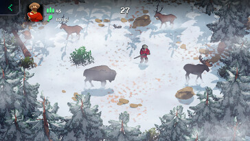 The Oregon Trail oyunundaki bir karakteri ve hayvanları gösteren bir resim.