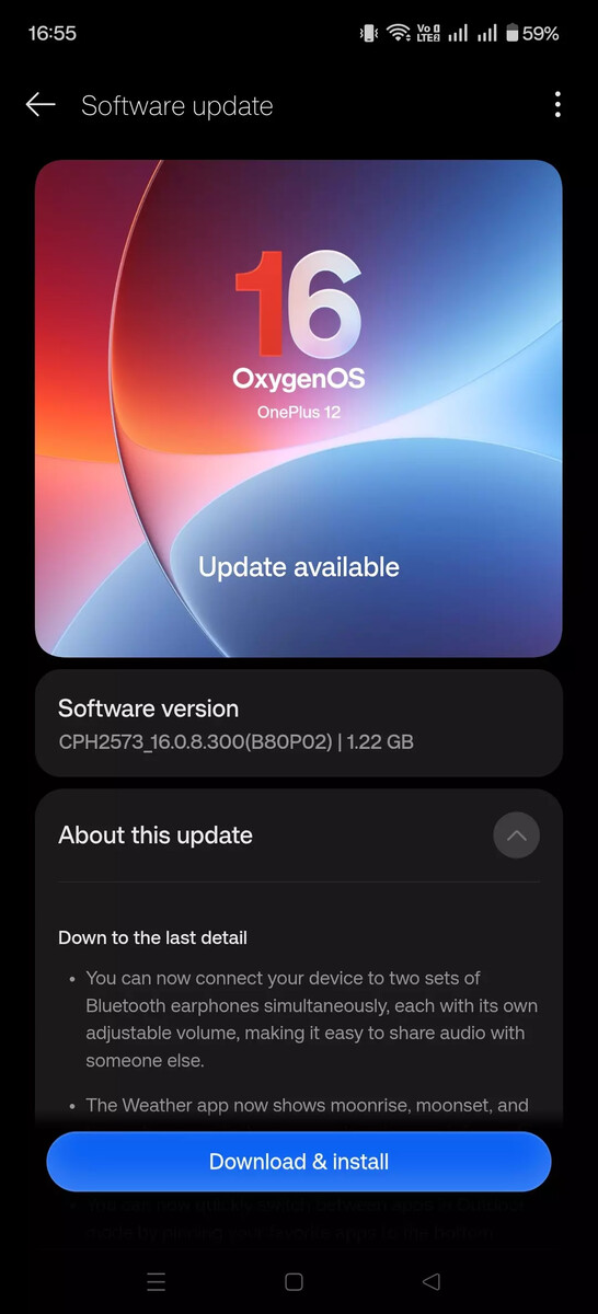 OxygenOS 16.0.8.300 güncellemesini gösteren OnePlus 12 yazılım güncelleme ekranı; yeni çift Bluetooth ses desteği ve diğer yeni özellikler öne çıkıyor.