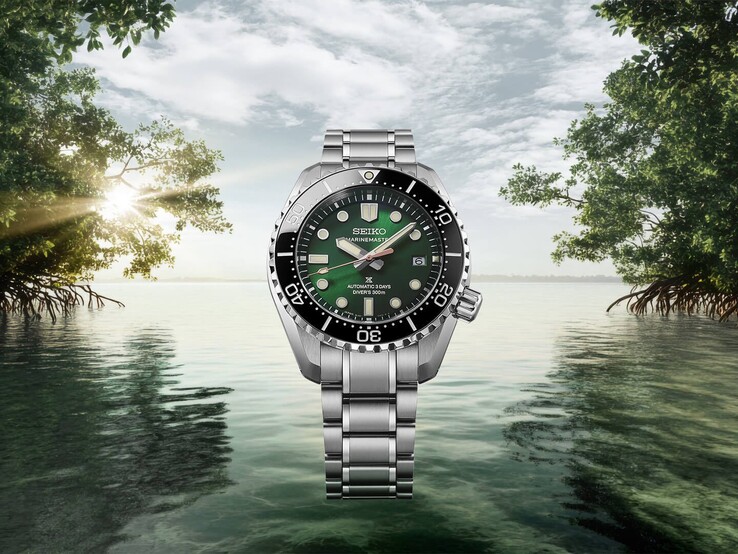 Paslanmaz çelik bilezikli Seiko Marinemaster HBF003J1, arka planda yeşil bitki örtüsü, sakin su ve güneş ışığının yer aldığı tropikal bir mangrov manzarası önünde gösteriliyor.