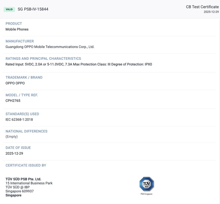 Oppo Find N6'nın TÜV SÜD sertifikası. (Görsel kaynağı: TÜV SÜD)