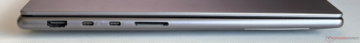 Sol: HDMI 2.1, 2x USB-C 4.0 w/ Thunderbolt 4 (40 Gbps, DisplayPort 2.1, güç dağıtımı), SD kart okuyucu