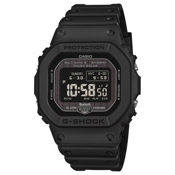 Siyah reçine kasalı ve kayışlı Casio G-Shock GW-BX5600-1 dijital saat, koyu renkli arka plan üzerinde açık renkli karakterlere sahip pozitif MIP ekrana sahiptir.