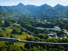 Jurassic World Evolution'daki bir parkı gösteren bir görüntü.