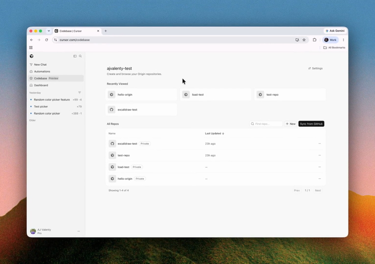 Cursor'un bir özelliği olan Origin'in kullanıcı arayüzü