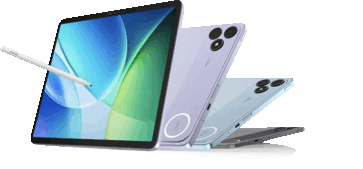 Mor, mavi ve gri arka panellerle birlikte gösterilen, ekran kalemli Blackview Zeno 6 tablet.