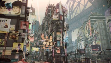 Scarlet Nexus'ta bir şehri gösteren bir görüntü.