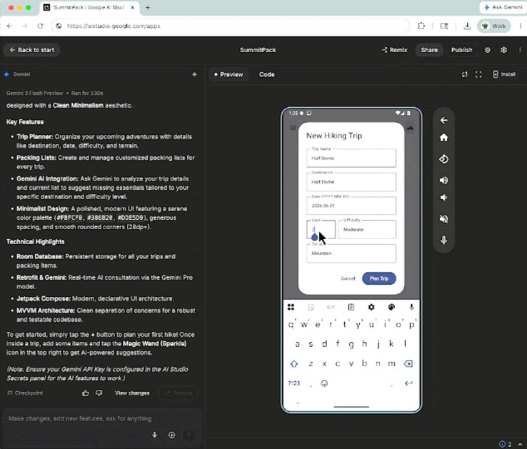 Vibe kodlu Gemini AI Studio uygulamaları Android telefon emülatöründe çevrimiçi olarak çalıştırılabilir veya test için yerel telefonlara yüklenebilir.