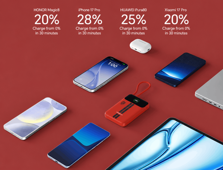 Akıllı telefonlar, kablosuz kulaklıklar ve bir dizüstü bilgisayarın yanında gösterilen Honor Life powerbank