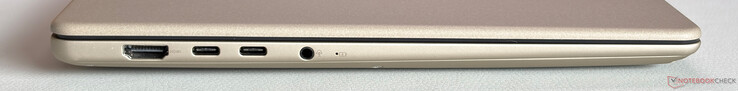 Sol: HDMI 2.1 (TMDS), 2x USB-C 3.2 Gen.2 (10 Gbps, DisplayPort, Power Delivery), 3,5 mm stereo