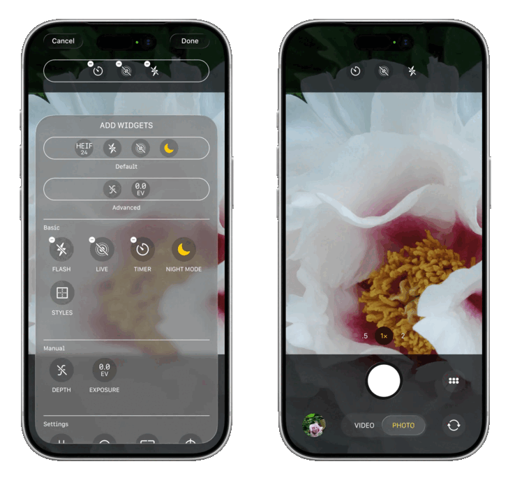 IOS 27 Kamera uygulaması bir dizi kontrol seçeneğiyle (solda) tamamen özelleştirilebilir olacak şekilde yeniden tasarlanırken, ana fotoğraf çekme arayüzünün kontrolleri üst merkeze yerleştirmesi bekleniyor.