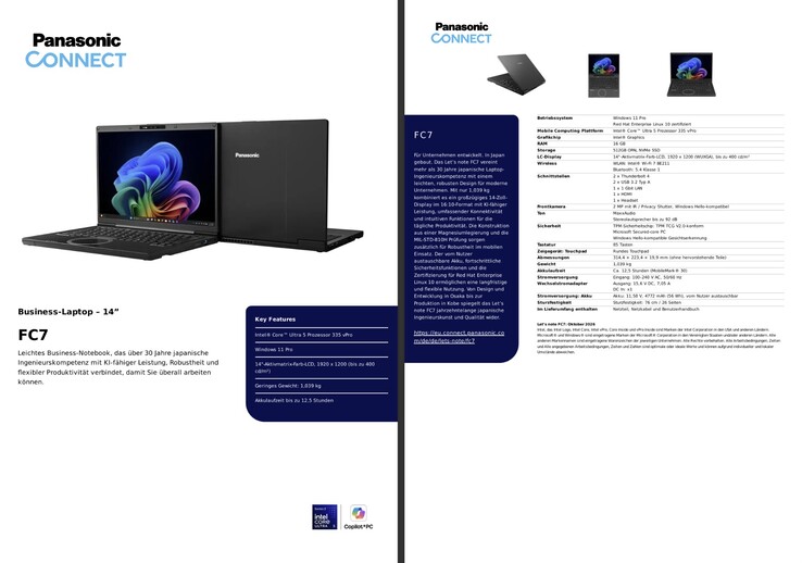 Panasonic Let's Note FC7 teknik özellikleri