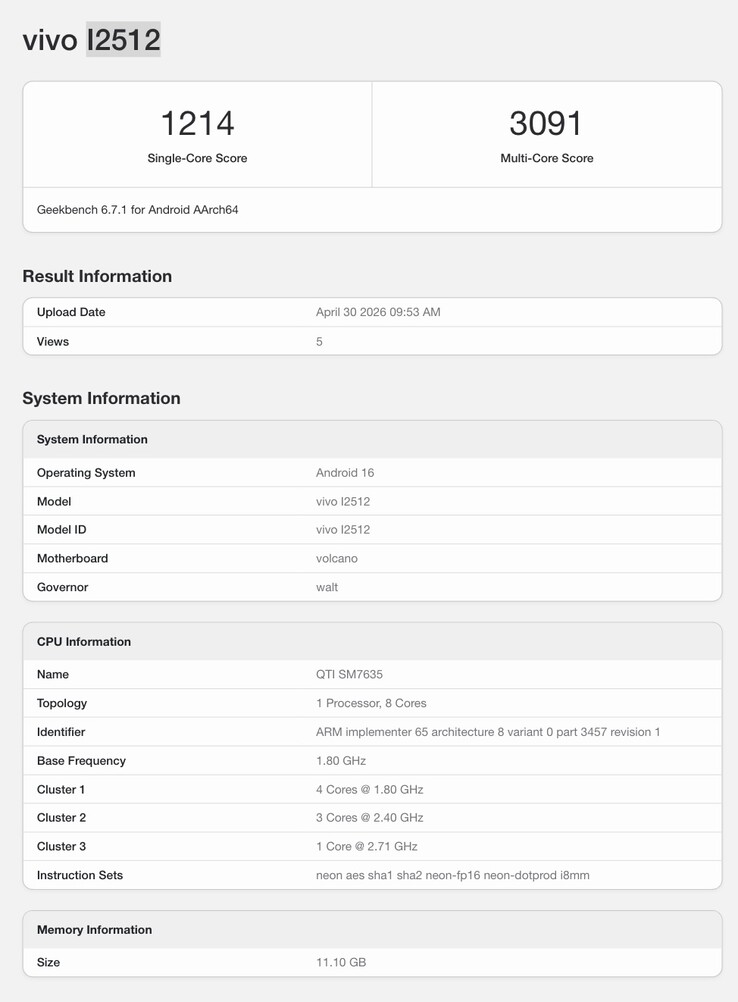 IQoo Z11'in Geekbench listesi.