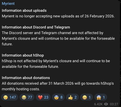 Myrient'e yüklemeler artık mümkün olmayacaktır.