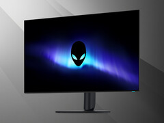 Alienware AW3226Q 32 inç 4K OLED monitörün önden görünümü, açılı çekim