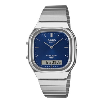 Mavi güneş ışını desenli kadranı, gümüş rengi kasası ve paslanmaz çelik bileziği olan Casio AQ-240E-2A2 retro analog-dijital saat.