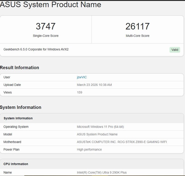 Core Ultra 9 290K Plus Geekbench 6.5 performansı.