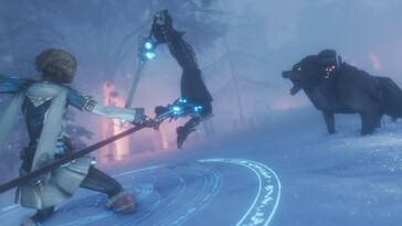 Edge of Eternity'de bir ayıya karşı savaşı gösteren bir görüntü.