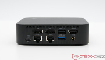 Arka kısım: DisplayPort ile USB TypeC 40Gbps, 2x LAN 2.5G, 2x DisplayPort, USB 2.0, USB TypeA 10Gbps HDMI, DC girişi