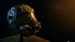Metro 2039 Koleksiyoncu Sürümü'ndeki Spartan kaskı replikasının yakın plan görünümü; koyu renkli bir vizör, entegre gaz maskesi unsurları ve savaşta yıpranmış detaylar içeriyor.