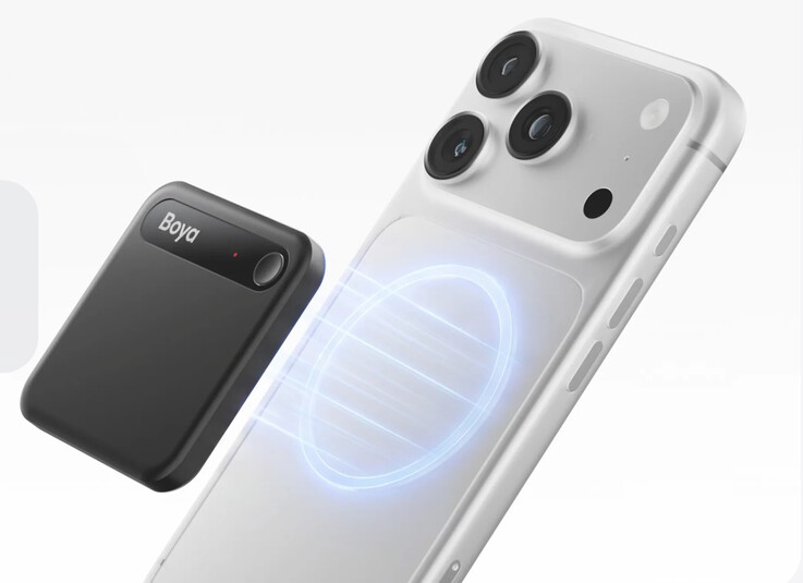 Boya Notra Neo AI toplantı kayıt cihazı, MagSafe uyumlu manyetik bir montaj aparatıyla birlikte gelir.