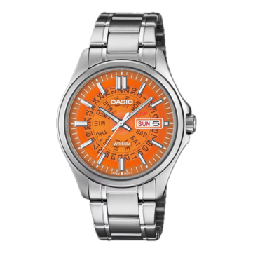 Casio’nun turuncu renkli MTP-E740-4AV modeli, Seiko’nun 1970’lerdeki Time Sonar saatlerinden esinlenerek tasarlanmış yarı saydam bir kadrana sahiptir.