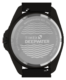Deepwater logosu ve dalga motifine sahip Timex Deepwater Arctic 200'ün arka kapağının yakın çekimi.