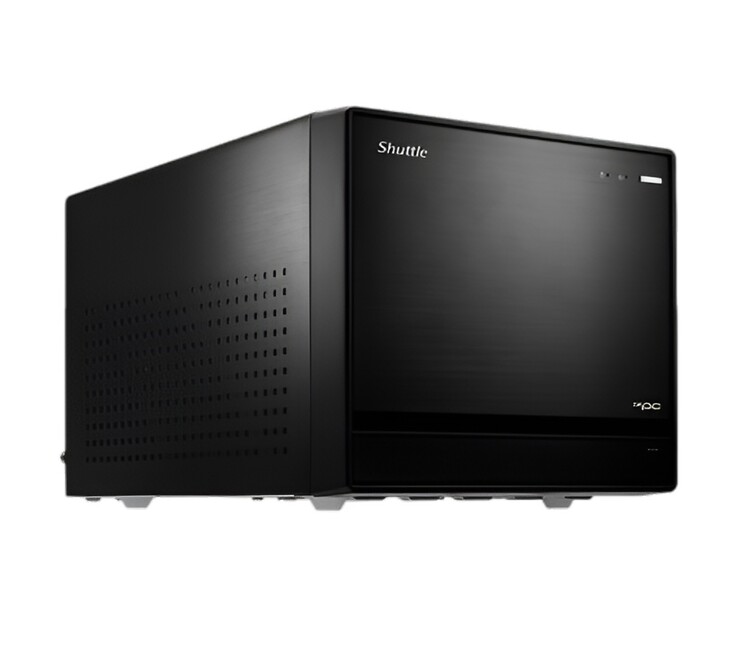 Bu görüntü, siyah dikdörtgen bir kutuya benzeyen Shuttle XPC Cube SFF PC'nin bir başka önden görünümünü gösteriyor 