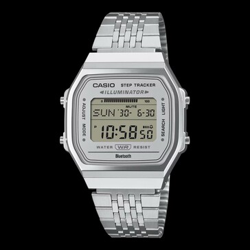 Gümüş kadranlı, gümüş kasalı ve gümüş bilezikli Casio ABL-100WE-7A.