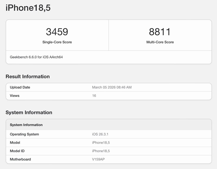 IPhone 17e için sızdırılan Geekbench listesi.