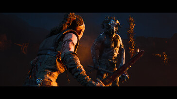 Senua's Saga: Hellblade II'de Senua ve bir düşman arasındaki savaşı gösteren bir görüntü.